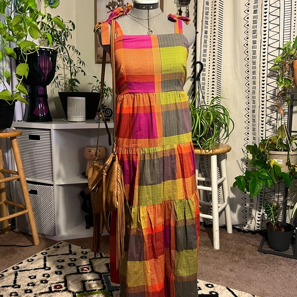 Square Neck Tie Strap Plaid Dress - Size Medium (8-10) - A-Line Cut - Picture 1 of 2